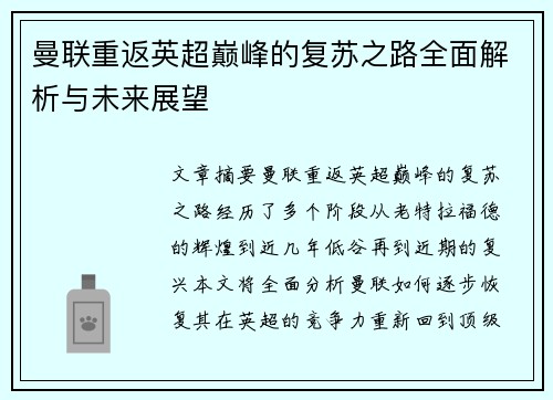 曼联重返英超巅峰的复苏之路全面解析与未来展望