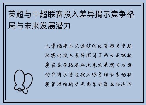 英超与中超联赛投入差异揭示竞争格局与未来发展潜力